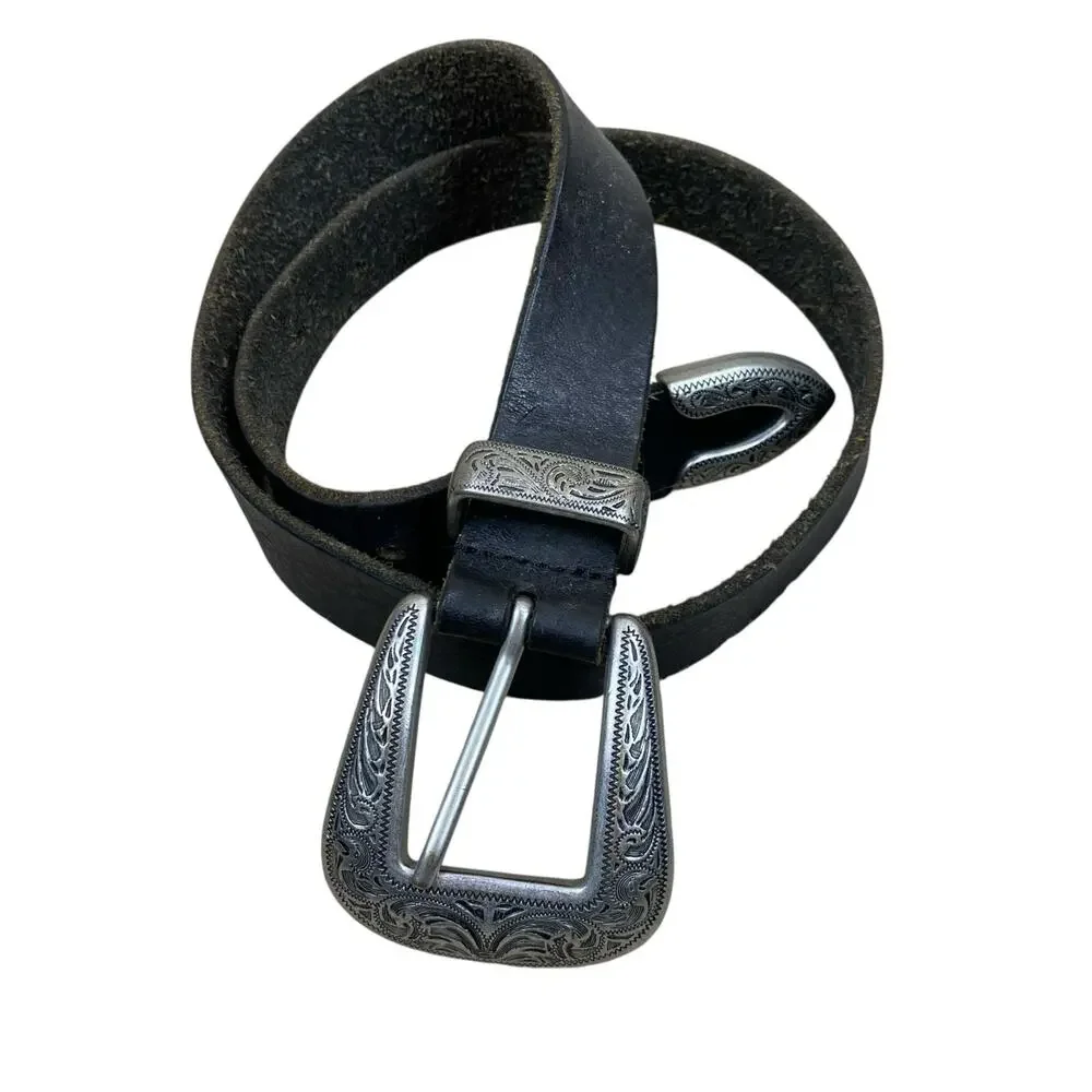 Ecote Western Black Leather Belt 28 inches S/M Large Buckle Southwestern